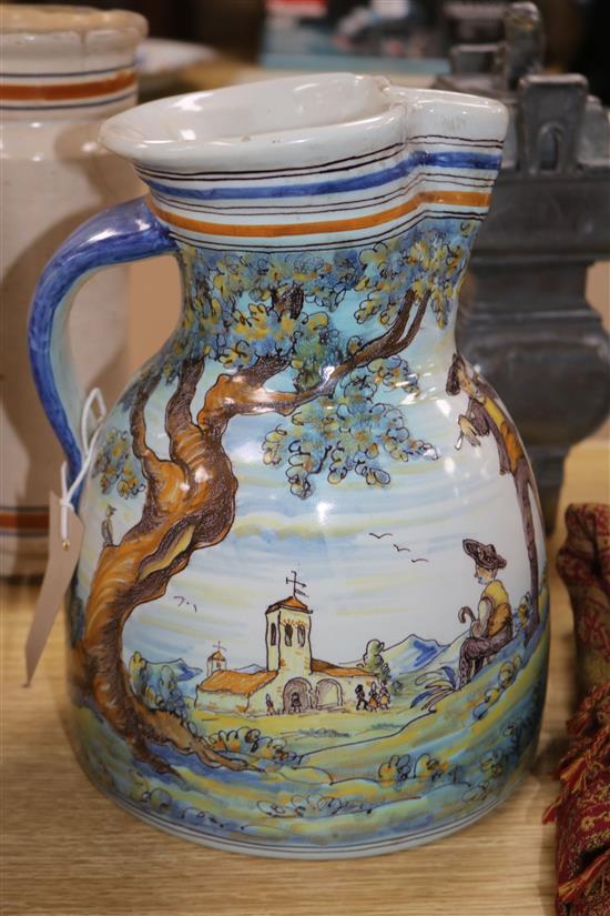 A pair of majolica albarelli, a faience jug and a footed bowl, tallest 27c,